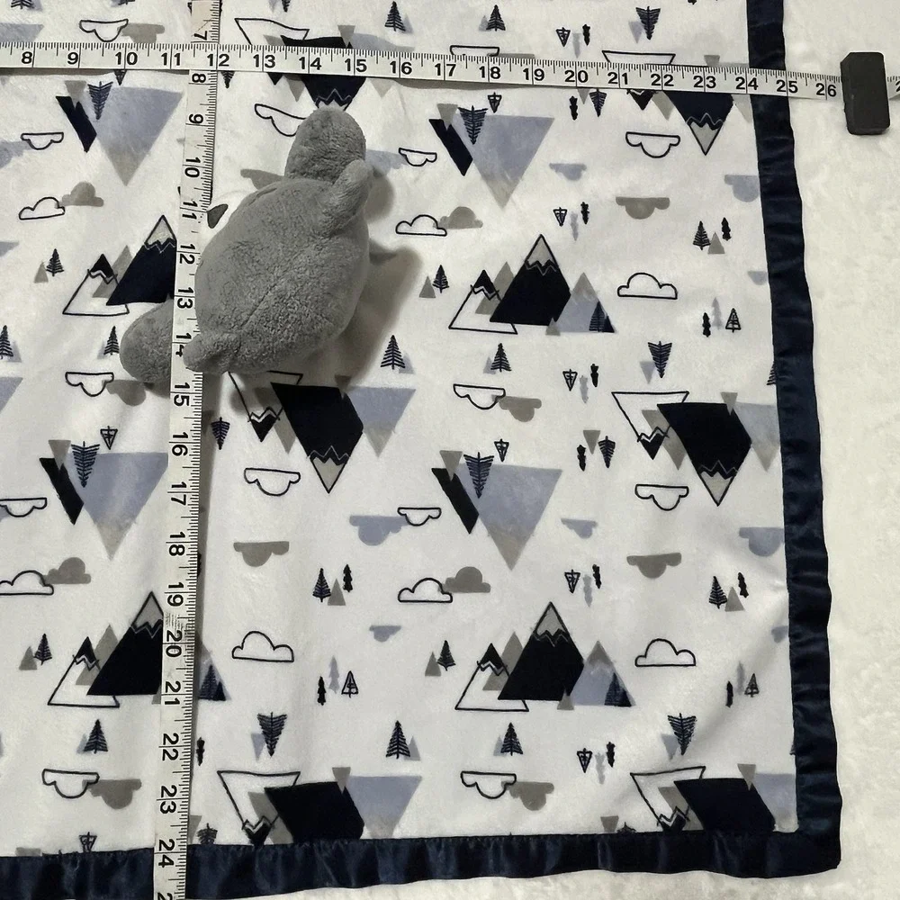 Just Born Sleeping Bear Lovey Blanket Mountains Clouds Gray White Blue Satin 25